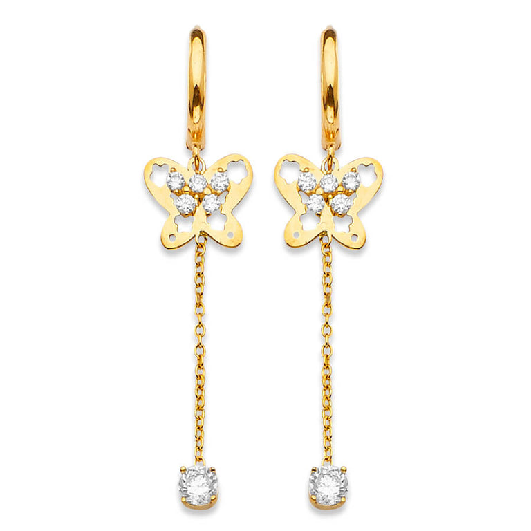 #16217 - Butterfly Drop Earrings with White CZ in 14K Gold