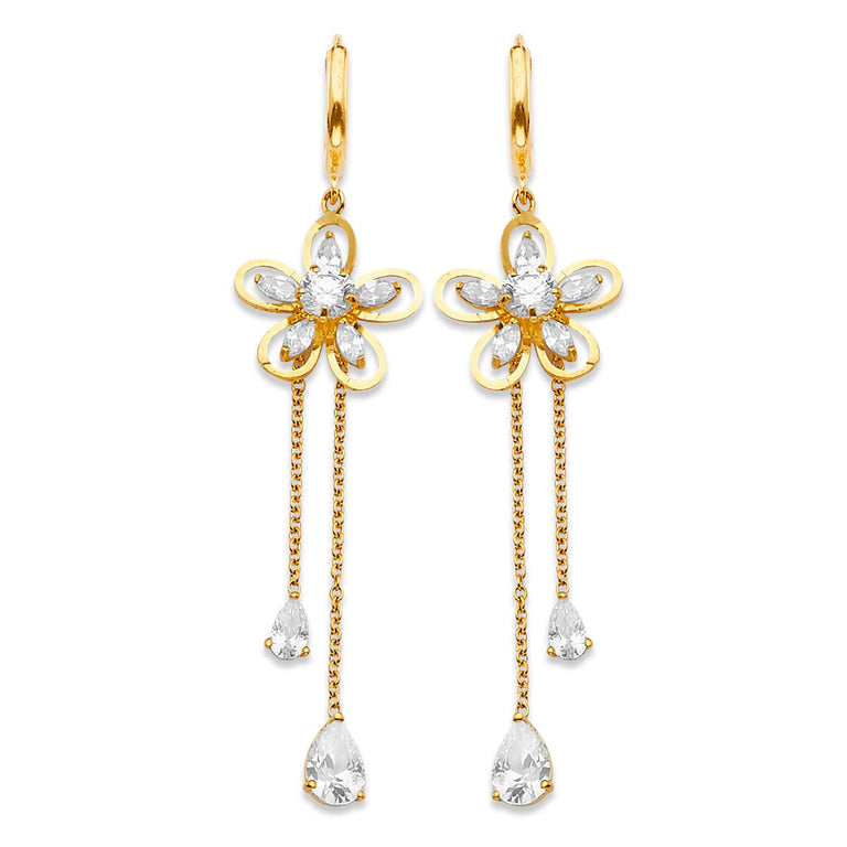 #16221 - Flower Tassel Earrings with White CZ in 14K Gold