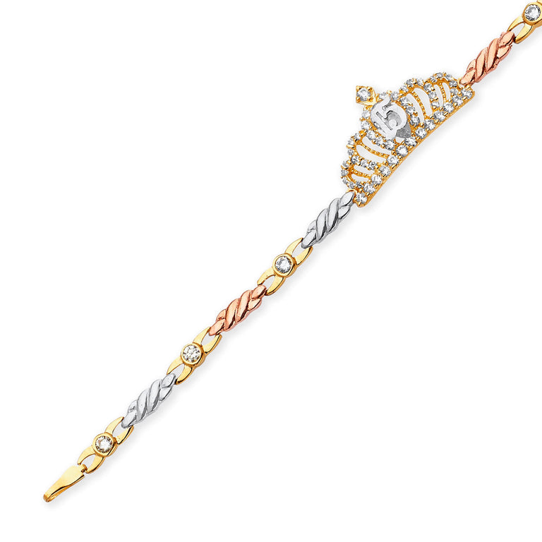#200356 - Fancy White CZ Quinceañera Bracelet In 14K Tri-Color Gold