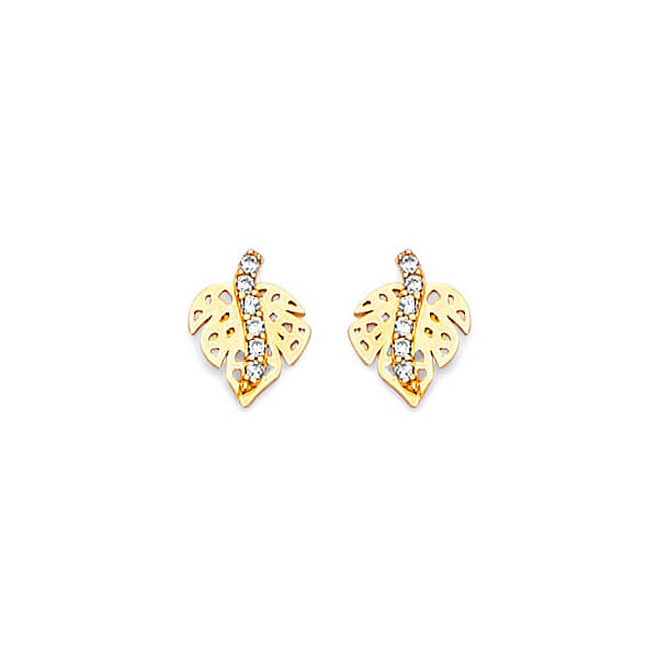 #201296 - Leaf stud Earrings with White CZ in 14K Gold
