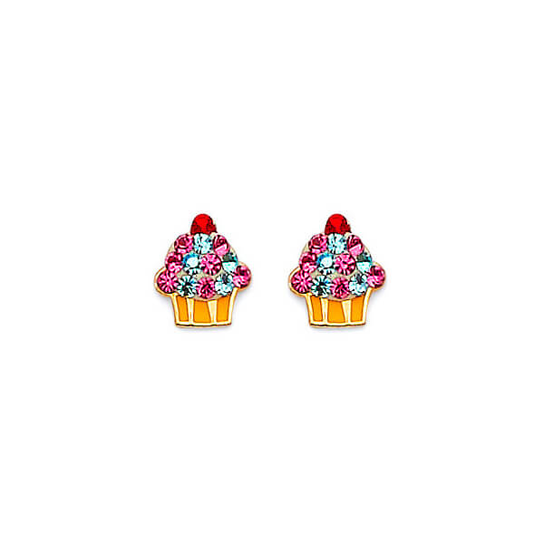 #201312 - Cupcake stud Earrings with Red & Blue CZ in 14K Gold