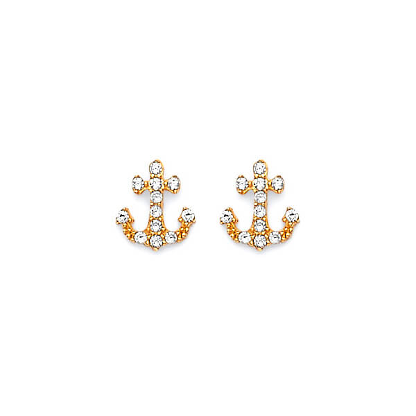 #201321 - Anchor stud Earrings with White CZ in 14K Gold