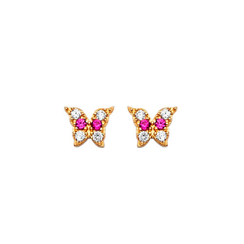 #201463 - Butterfly stud Earrings with Red & White CZ in 14K Gold