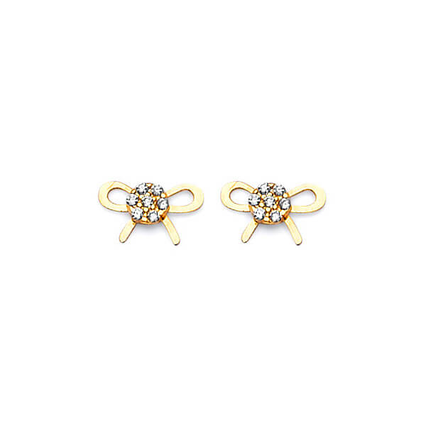 #201467 - Ribbon stud Earrings with White CZ in 14K Gold