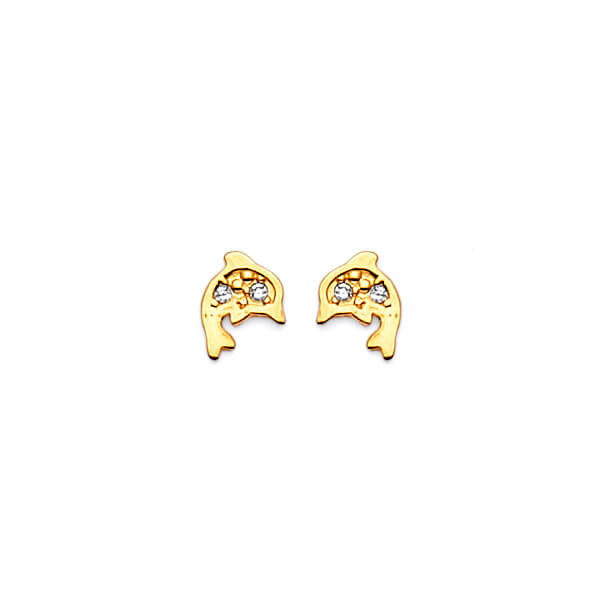 #201483 - Dolphin stud Earrings with White CZ in 14K Gold
