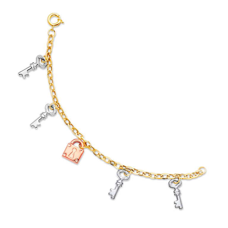 #201530 - Ladies Key Charm Bracelet In 14K Tri-Color Gold