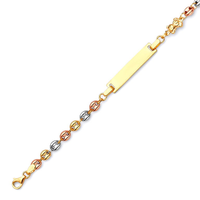 #201815 - Beaded Kids Bear Charm ID Bracelet In 14K Tri-Color Gold