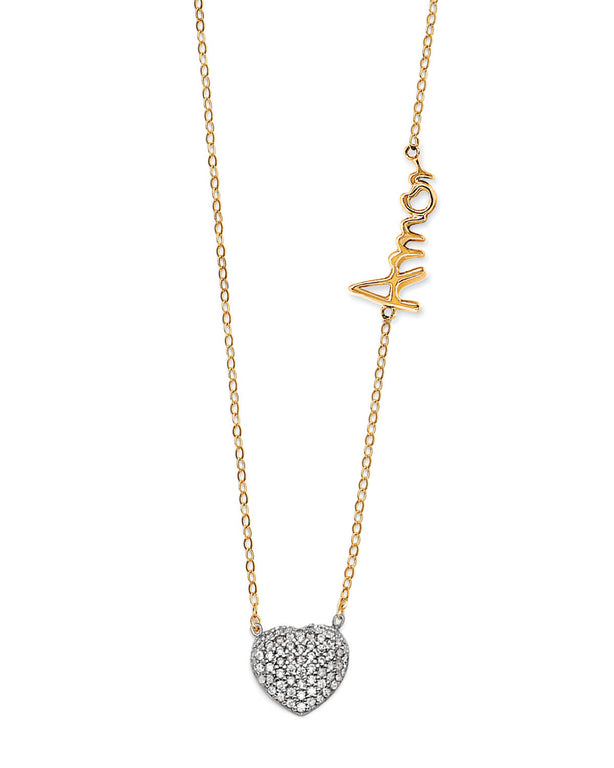 #202124 - White CZ Heart Charm Necklace in 14K Two-Tone Gold