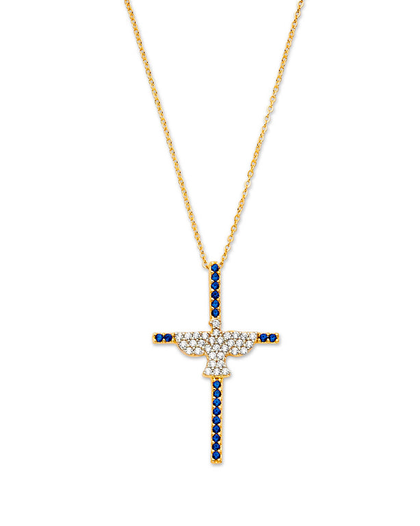#202128 -  Blue & White CZ Cross Charm Necklace in 14K Gold