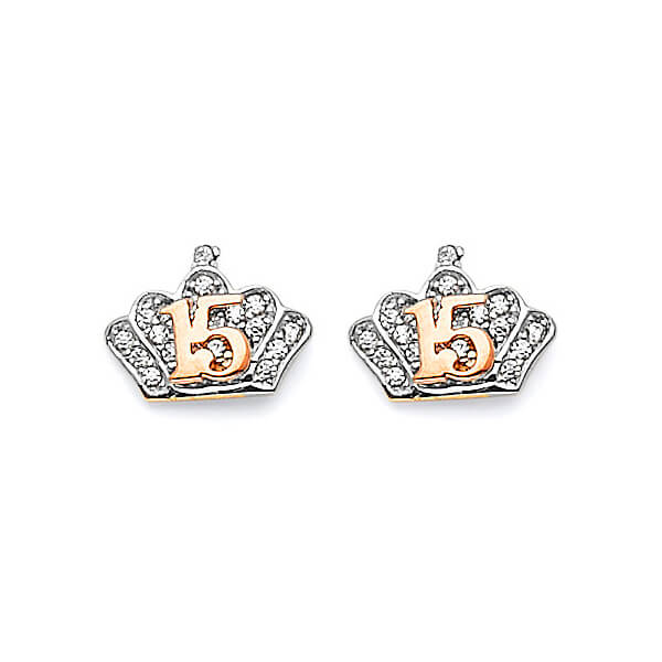 #202158 - Tiara stud Earrings with White CZ in 14K Two-Tone Gold