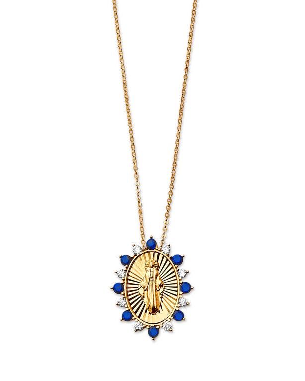 #202167 - Blue & White CZ Guadalupe Charm Necklace in 14K Gold