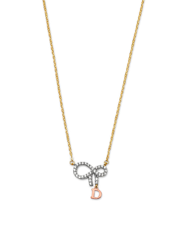#202171 - White CZ Ribbon Charm Necklace in 14K Tri-Color Gold