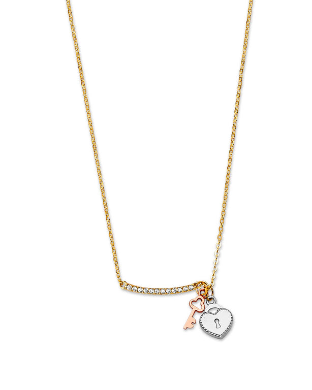 #202173 - White CZ Key Charm Necklace in 14K Tri-Color Gold