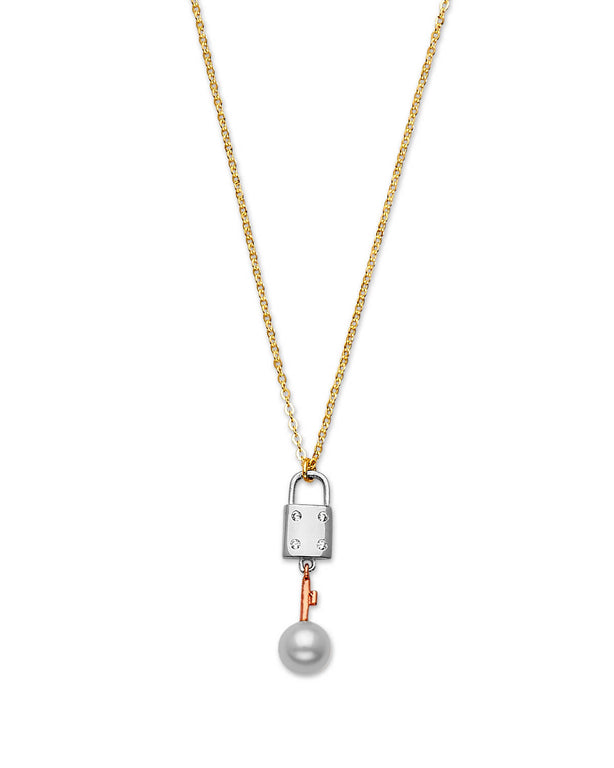 #202177 - Pearl Key Charm Necklace in 14K Tri-Color Gold