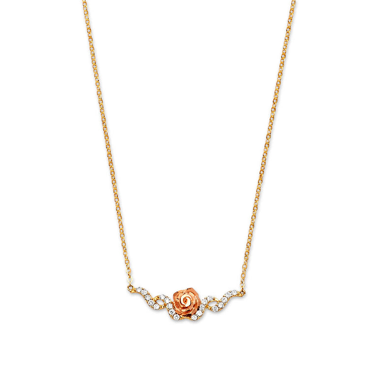 #202187 - White CZ Flower Charm Necklace in 14K Two-Tone Gold
