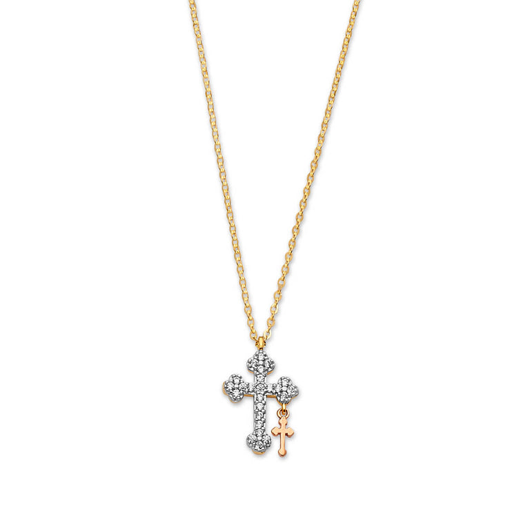 #202199 - White CZ Cross Charm Necklace in 14K Tri-Color Gold