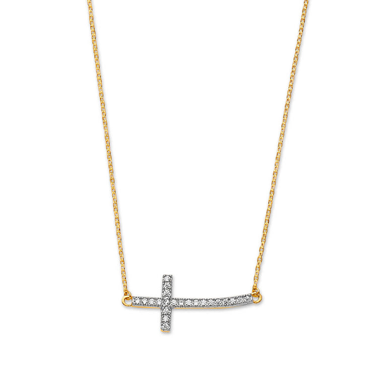 #202202 - White CZ Cross Charm Necklace in 14K Two-Tone Gold