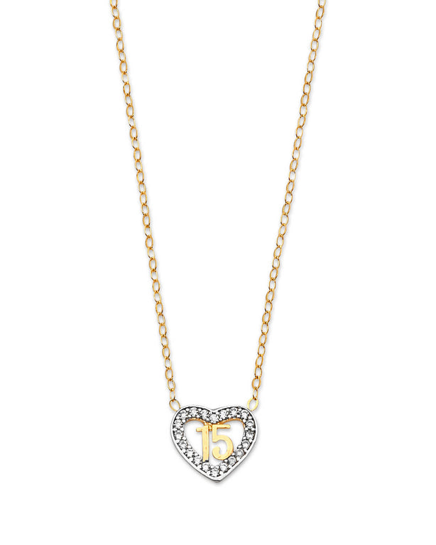 #202205 -  White CZ Heart Charm Necklace in 14K Two-Tone Gold