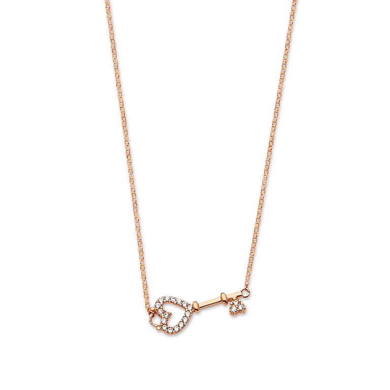 #202206 - White CZ Key Charm Necklace in 14K Rose Gold