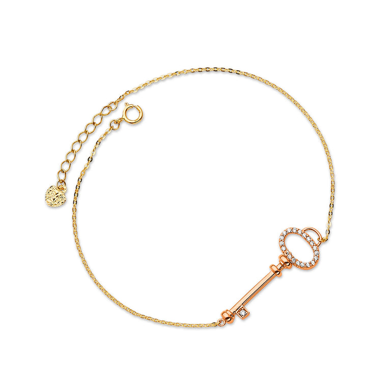 #202207 - White CZ Ladies Key Charm Bracelet In 14K Two-Tone Gold