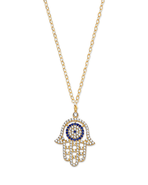 #202217 -  Blue & White CZ Hand Charm Necklace in 14K Gold