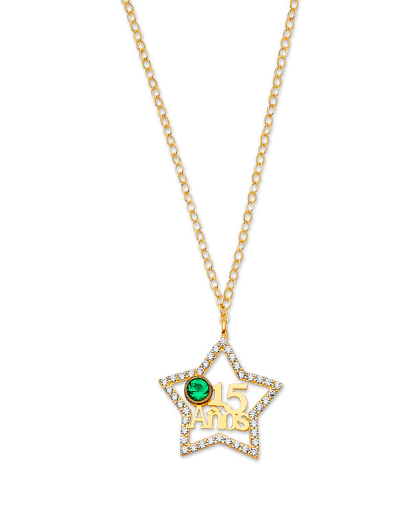 #202219 -  Green & White CZ Star Charm Necklace in 14K Gold