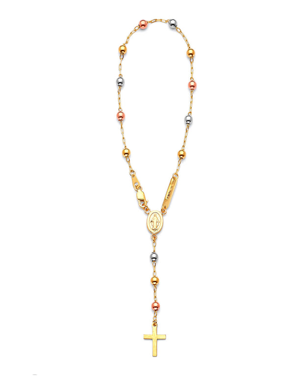 #202339 - Beaded Ladies Cross Rosary Bracelet In 14K Tri-Color Gold