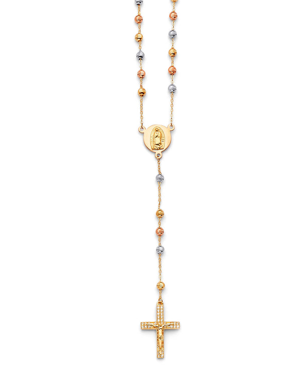 #202368 -  White CZ Crucifix Five-Decade Rosary Necklace in 14K Tri-Color Gold