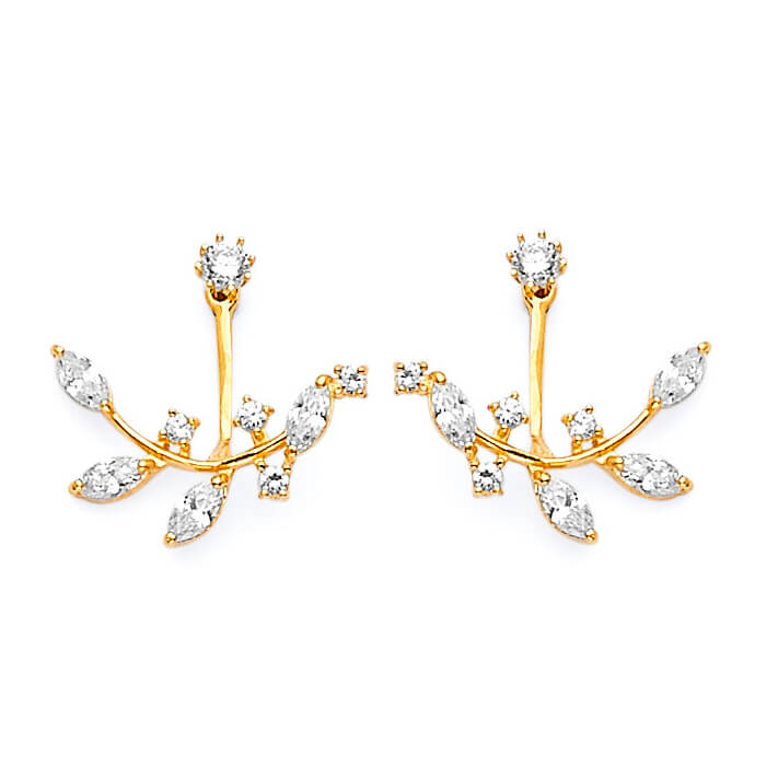 #202536 - Leaf stud Earrings with White CZ in 14K Gold