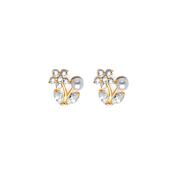 #202543 - Flower stud Earrings with White CZ and Pearl in 14K Gold