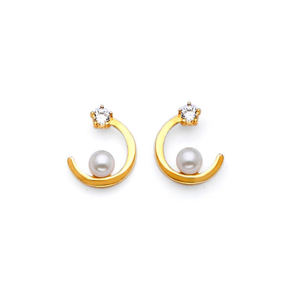 #202549 -  stud Earrings with White CZ and Pearl in 14K Gold