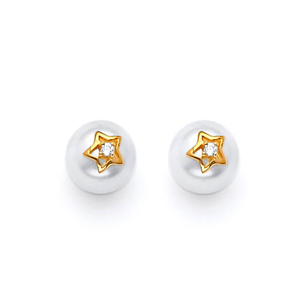 #202551 - Star stud Earrings with White CZ and Pearl in 14K Gold