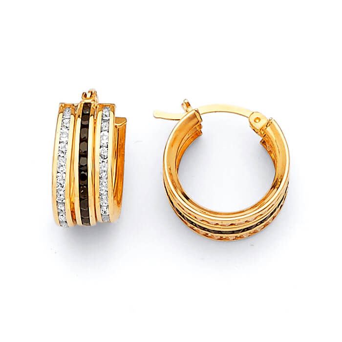 #202624 -  huggie Earrings with Black & White CZ in 14K Gold