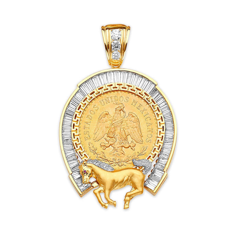 #203066 - White CZ Horse Mens Frame Pendant in 14K Two-Tone Gold