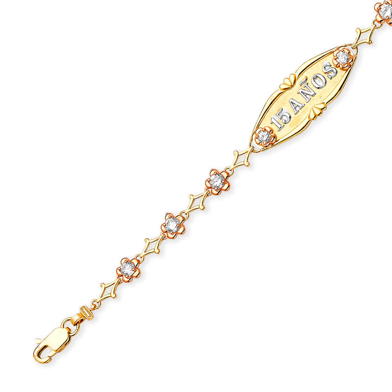 #203184 - Filigree White CZ Quinceañera Bracelet In 14K Tri-Color Gold