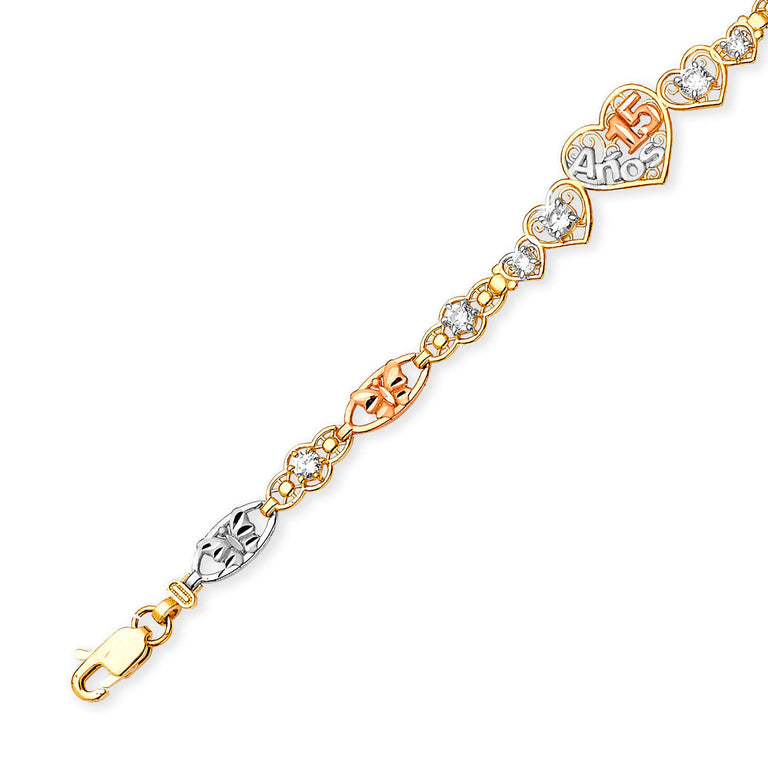 #203185 - Filigree White CZ Quinceañera Butterfly Bracelet In 14K Tri-Color Gold
