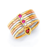 #203573 - Red & White CZ Heart 7-Day Ladies Ring in 14K Tri-Color Gold