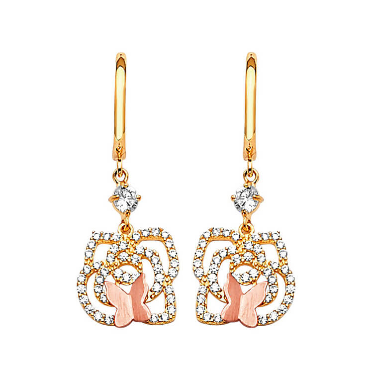 #203904 - Butterfly Drop Earrings with White CZ in 14K Two-Tone Gold