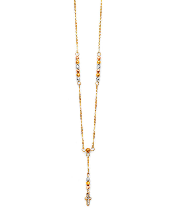 #204104 -  White CZ Cross Rosary Necklace in 14K Tri-Color Gold