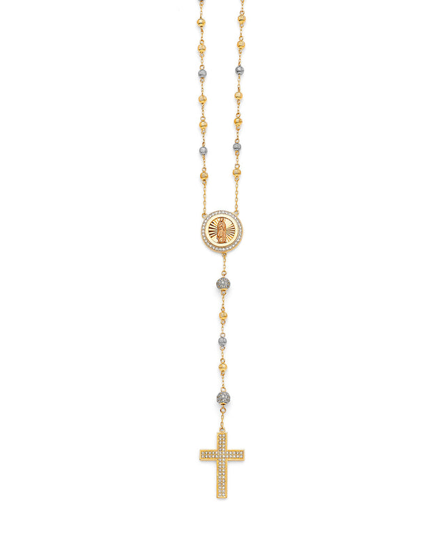 #204415 -  White CZ Cross Five-Decade Rosary Necklace in 14K Tri-Color Gold