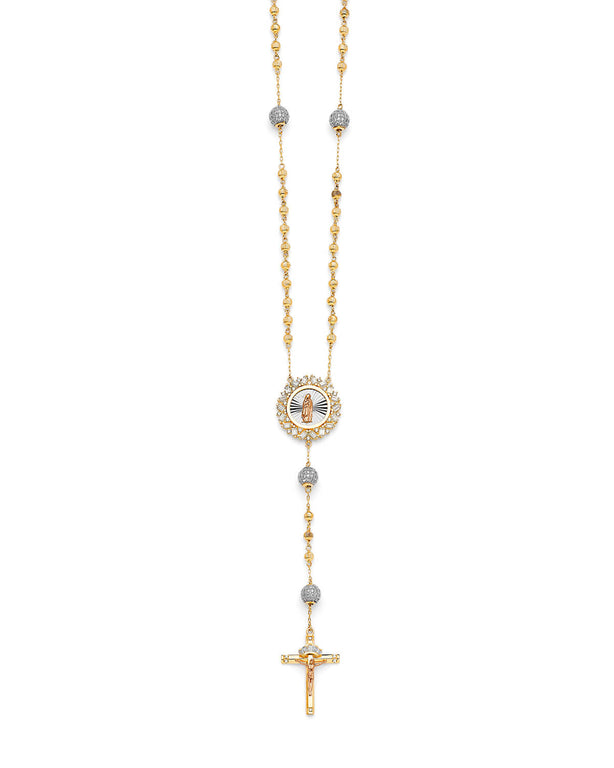#204417 -  White CZ Crucifix Five-Decade Rosary Necklace in 14K Tri-Color Gold
