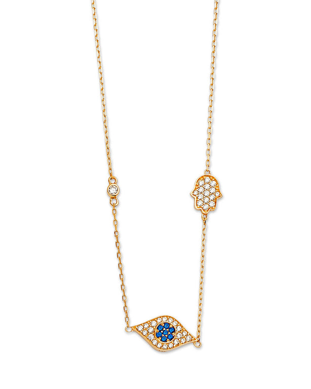 #204437 - Blue & White CZ Eye Charm Necklace in 14K Gold