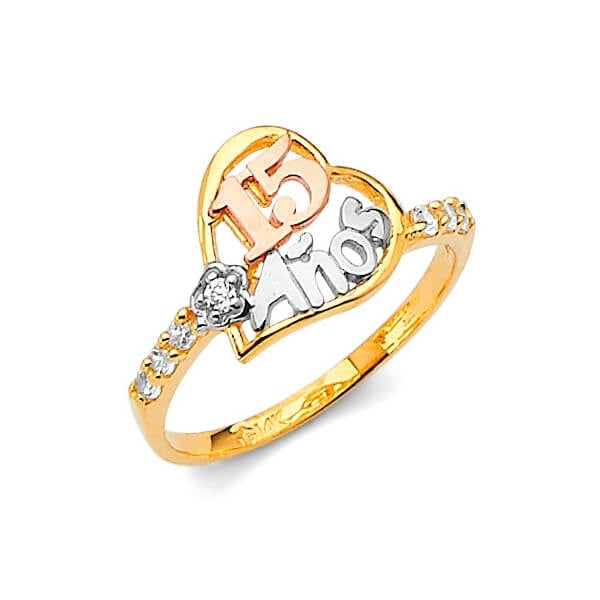 #21187 - White CZ Heart Teens Ring in 14K Tri-Color Gold