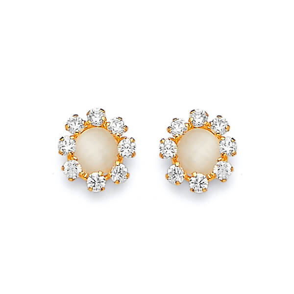 #21729 - Flower stud Earrings with White CZ and Pearl in 14K Gold
