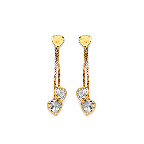 #22179 - Heart Tassel Earrings with White CZ in 14K Gold
