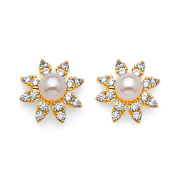 #24824 - Flower stud Earrings with White CZ and Pearl in 14K Gold