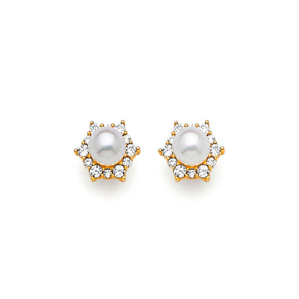 #24827 - Star stud Earrings with White CZ and Pearl in 14K Gold