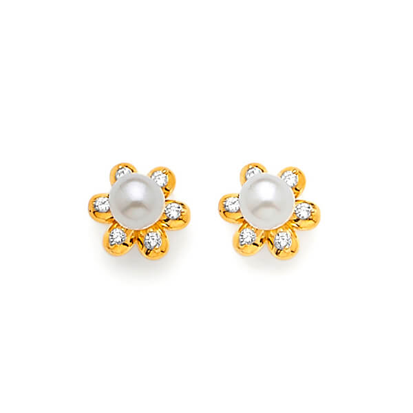 #24830 - Flower stud Earrings with White CZ and Pearl in 14K Gold