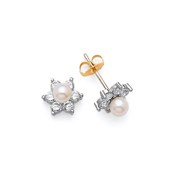#24839 - Flower stud Earrings with White CZ and Pearl in 14K Two-Tone Gold