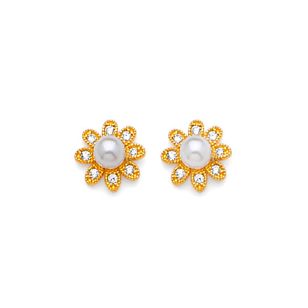 #24840 - Flower stud Earrings with White CZ and Pearl in 14K Gold